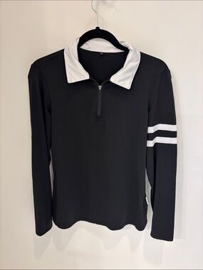 Black Long Sleeve Polo with White Collar and Sleeve Stripes